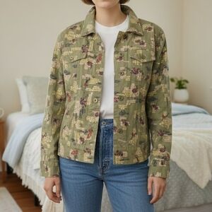 Christopher & Banks Y2K Olive Floral Tree Cotton Jacket Size XL Boho